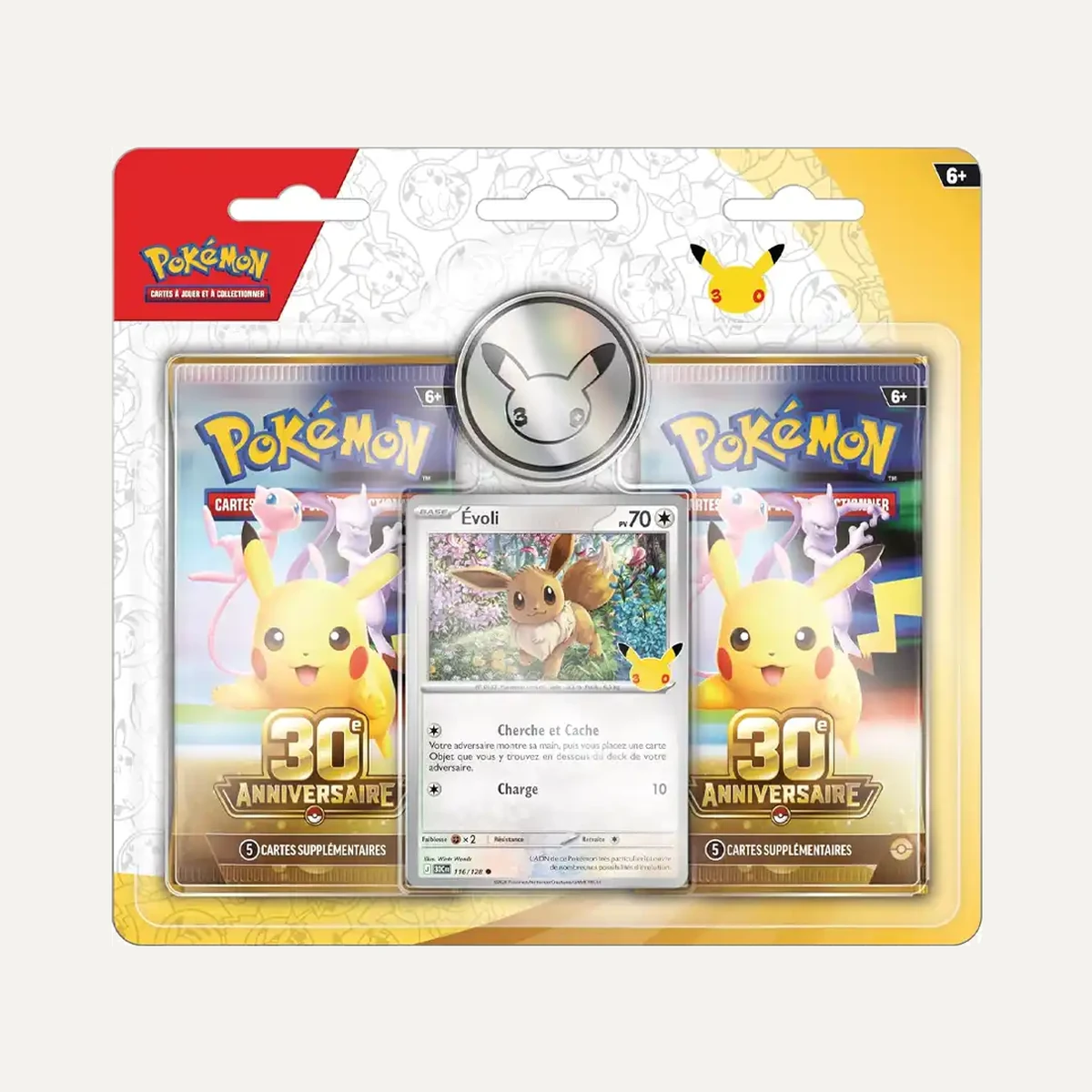 Blister de 2 boosters 30ᵉ Anniversaire du JCC Pokémon (1 Carte Brillante, 1 pièce et 2 boosters)